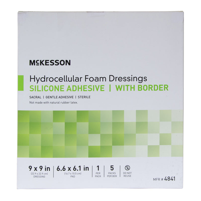 Foam Dressing McKesson 9 X 9 Inch With Border Waterproof Film Backing Silicone Gel Adhesive Sacral Sterile #4841