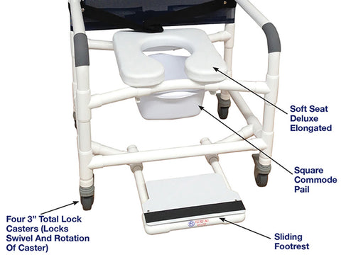 MJM International Wide Shower Chair With Total Lock Casters Soft Seat Deluxe Elongated, Safety Belt And Total Lock Casters #126-3TL-NB-SSDE-BB-26-SF