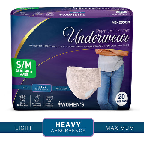 Absorbent Underwear McKesson Premium Discreet Heavy Pull On with Tear Away Seams Adult Small / Medium Female Disposable Heavy Absorbency #UWDS-SMPINK
