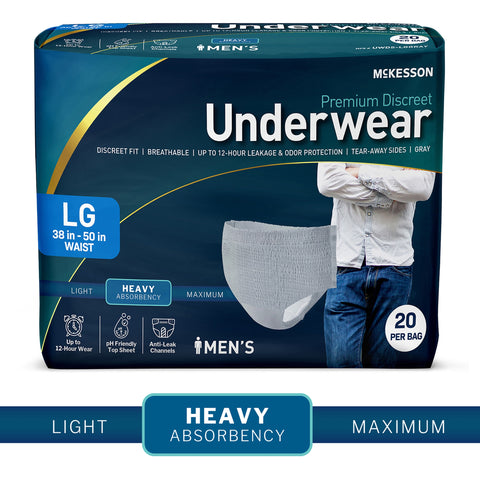 Absorbent Underwear McKesson Premium Discreet Heavy Pull On with Tear Away Seams Adult Large Male Disposable Heavy Absorbency #UWDS-LGGRAY