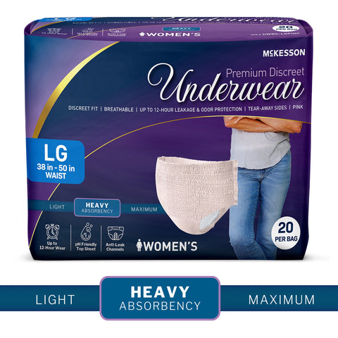 Absorbent Underwear McKesson Premium Discreet Heavy Pull On with Tear Away Seams Adult Large Female Disposable Heavy Absorbency #UWDS-LGPINK