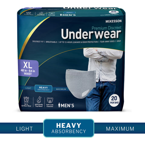 Absorbent Underwear McKesson Premium Discreet Heavy Pull On with Tear Away Seams Adult X-Large Male Disposable Heavy Absorbency #UWDS-XLGRAY