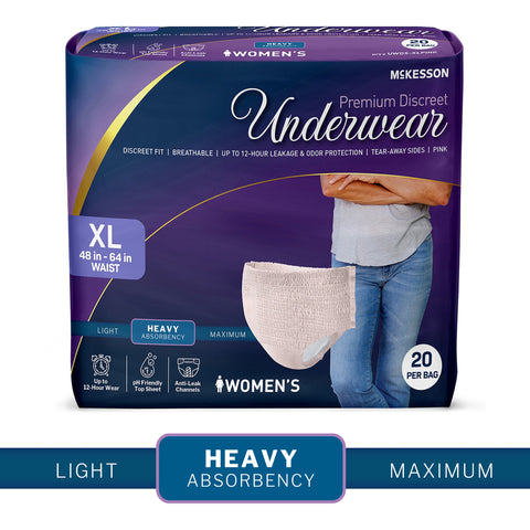 Absorbent Underwear McKesson Premium Discreet Heavy Pull On with Tear Away Seams Adult X-Large Female Disposable Heavy Absorbency #UWDS-XLPINK