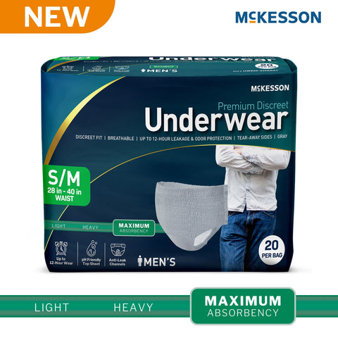 Absorbent Underwear McKesson Premium Discreet Maximum Pull On with Tear Away Seams Adult Small / Medium Male Disposable Heavy Absorbency #UWDM-SMGRAY