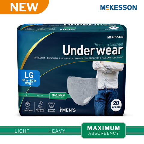 Absorbent Underwear McKesson Premium Discreet Maximum Pull On with Tear Away Seams Adult Large Male Disposable Heavy Absorbency #UWDM-LGGRAY