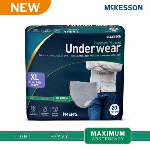 Absorbent Underwear McKesson Premium Discreet Maximum Pull On with Tear Away Seams Adult X-Large Male Disposable Heavy Absorbency #UWDM-XLGRAY