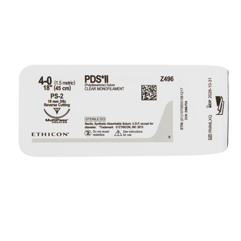 Absorbable Suture with Needle PDS™ II Polydioxanone PS-2 3/8 Circle Precision Reverse Cutting Needle Size 4-0 Monofilament #Z496G