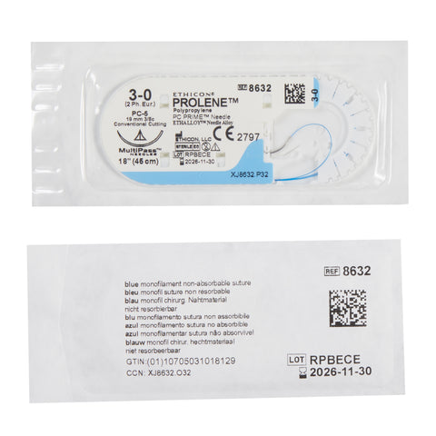 Nonabsorbable Suture with Needle Prolene™ Polypropylene PC-5 3/8 Circle Precision Conventional Cutting Needle Size 3-0 Monofilament #8632G