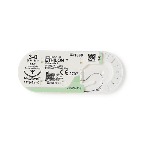 Nonabsorbable Suture with Needle Ethilon™ Nylon PS-2 3/8 Circle Precision Reverse Cutting Needle Size 3-0 Monofilament #1669H