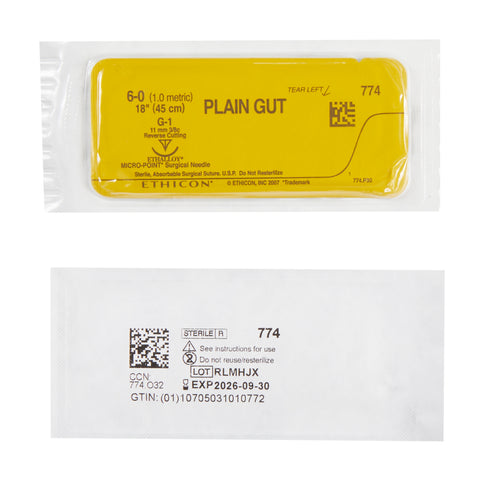 Absorbable Suture with Needle GUT PLAIN Plain Gut G-1 3/8 Circle Precision Reverse Cutting Needle Size 6-0 Monofilament #774G