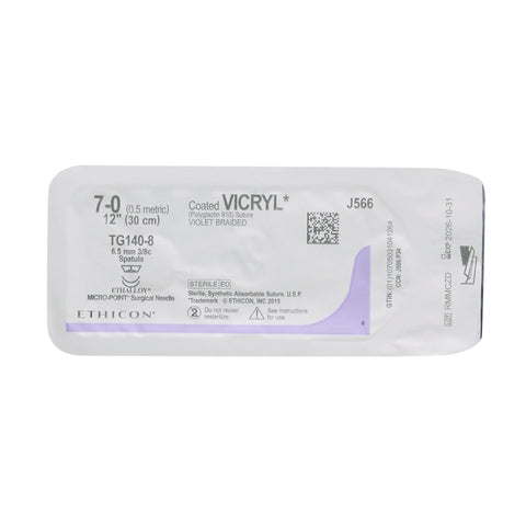 Absorbable Suture with Needle Coated Vicryl™ Polyglactin 910 TG140-8 3/8 Circle Spatula Needle Size 7-0 Braided #J566G