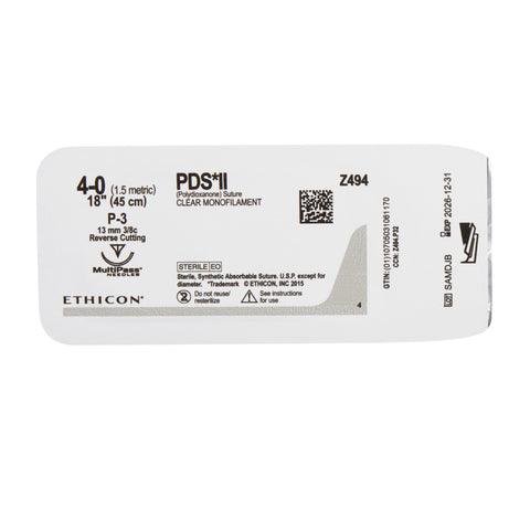 Absorbable Suture with Needle PDS™ II Polydioxanone P-3 3/8 Circle Precision Reverse Cutting Needle Size 4-0 Monofilament #Z494G