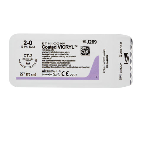 Absorbable Suture with Needle Coated Vicryl™ Polyglactin 910 CT-2 1/2 Circle Taper Point Needle Size 2-0 Braided #J269H