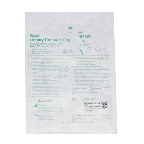 Bard Urinary Drain Bag Bard® Anti-Reflux Valve Sterile 2,000 mL Vinyl #154002