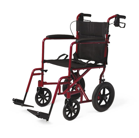 Medline Basic Aluminum Transport Chair with Permanent Full-Length Arms, Swing-Away Footrests and 12" Wheels