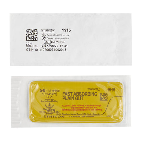 Absorbable Suture with Needle Fast Absorbing Gut Plain Gut PC-1 3/8 Circle Precision Conventional Cutting Needle Size 5-0 Monofilament #1915G