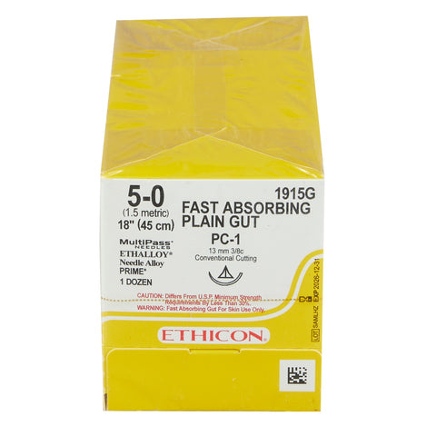 Absorbable Suture with Needle Fast Absorbing Gut Plain Gut PC-1 3/8 Circle Precision Conventional Cutting Needle Size 5-0 Monofilament #1915G