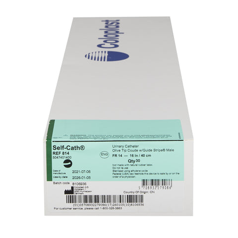 Coloplast Urethral Catheter Self-Cath® Coude Olive Tip Uncoated PVC 14 Fr. 16 Inch #814