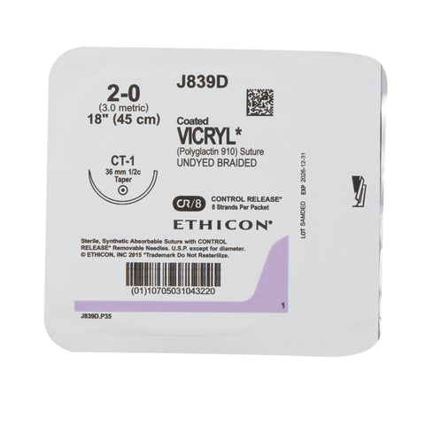 Absorbable Suture with Needle Coated Vicryl™ Polyglactin 910 CT-1 1/2 Circle Taper Point Needle Size 2-0 Braided #J839D
