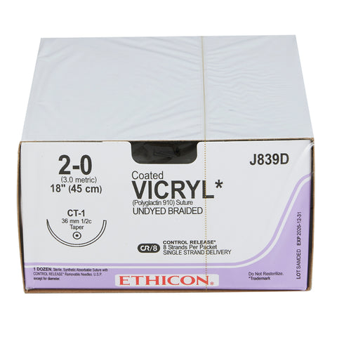 Absorbable Suture with Needle Coated Vicryl™ Polyglactin 910 CT-1 1/2 Circle Taper Point Needle Size 2-0 Braided #J839D
