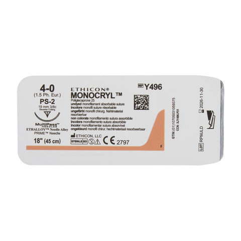 Absorbable Suture with Needle Monocryl™ Poliglecaprone PS-2 3/8 Circle Precision Reverse Cutting Needle Size 4-0 Monofilament #Y496G