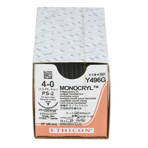 Absorbable Suture with Needle Monocryl™ Poliglecaprone PS-2 3/8 Circle Precision Reverse Cutting Needle Size 4-0 Monofilament #Y496G