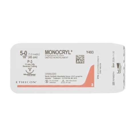 Absorbable Suture with Needle Monocryl™ Poliglecaprone P-3 3/8 Circle Precision Reverse Cutting Needle Size 5-0 Monofilament #Y493G