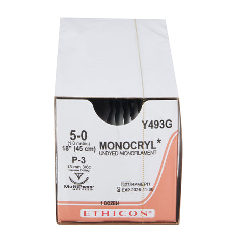 Absorbable Suture with Needle Monocryl™ Poliglecaprone P-3 3/8 Circle Precision Reverse Cutting Needle Size 5-0 Monofilament #Y493G
