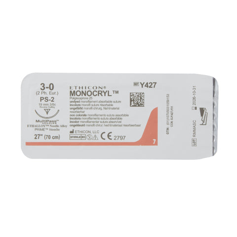 Absorbable Suture with Needle Monocryl™ Poliglecaprone PS-2 3/8 Circle Precision Reverse Cutting Needle Size 3-0 Monofilament #Y427H
