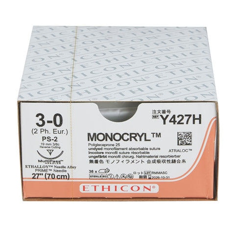 Absorbable Suture with Needle Monocryl™ Poliglecaprone PS-2 3/8 Circle Precision Reverse Cutting Needle Size 3-0 Monofilament #Y427H
