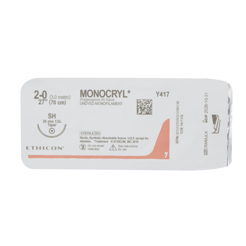 Absorbable Suture with Needle Monocryl™ Poliglecaprone SH 1/2 Circle Taper Point Needle Size 2-0 Monofilament #Y417H