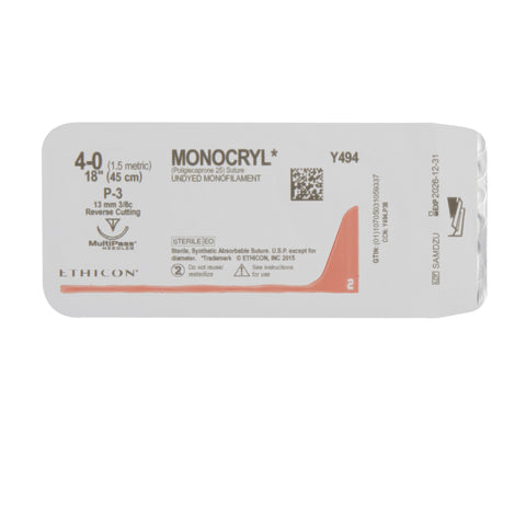 Absorbable Suture with Needle Monocryl™ Poliglecaprone P-3 3/8 Circle Precision Reverse Cutting Needle Size 4-0 Monofilament #Y494G
