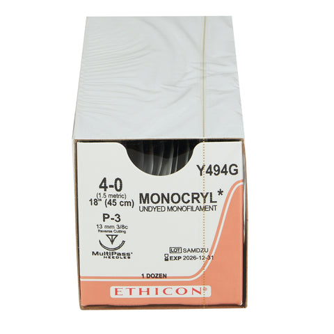 Absorbable Suture with Needle Monocryl™ Poliglecaprone P-3 3/8 Circle Precision Reverse Cutting Needle Size 4-0 Monofilament #Y494G