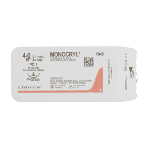 Absorbable Suture with Needle Monocryl™ Poliglecaprone PC-3 3/8 Circle Precision Conventional Cutting Needle Size 4-0 Monofilament #Y845G