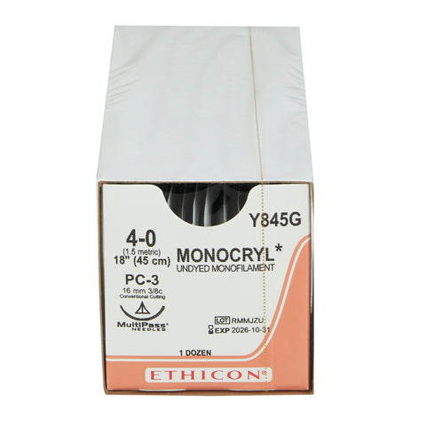 Absorbable Suture with Needle Monocryl™ Poliglecaprone PC-3 3/8 Circle Precision Conventional Cutting Needle Size 4-0 Monofilament #Y845G