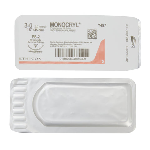 Absorbable Suture with Needle Monocryl™ Poliglecaprone PS-2 3/8 Circle Precision Reverse Cutting Needle Size 3-0 Monofilament #Y497G