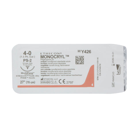 Absorbable Suture with Needle Monocryl™ Poliglecaprone PS-2 3/8 Circle Precision Reverse Cutting Needle Size 4-0 Monofilament #Y426H