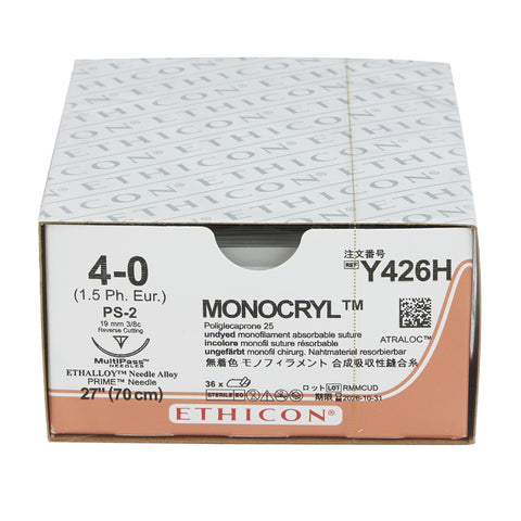 Absorbable Suture with Needle Monocryl™ Poliglecaprone PS-2 3/8 Circle Precision Reverse Cutting Needle Size 4-0 Monofilament #Y426H