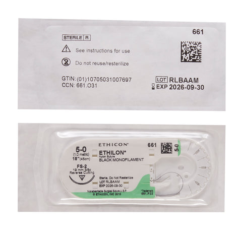 Nonabsorbable Suture with Needle Ethilon™ Nylon FS-2 3/8 Circle Reverse Cutting Needle Size 5-0 Monofilament #661G
