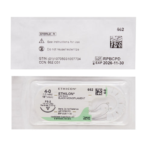 Nonabsorbable Suture with Needle Ethilon™ Nylon FS-2 3/8 Circle Reverse Cutting Needle Size 4-0 Monofilament #662G