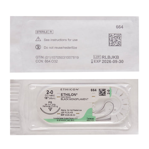 Nonabsorbable Suture with Needle Ethilon™ Nylon FS 3/8 Circle Reverse Cutting Needle Size 2-0 Monofilament #664G