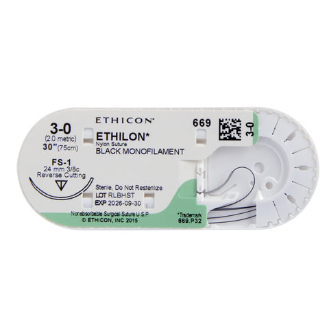 Nonabsorbable Suture with Needle Ethilon™ Nylon FS-1 3/8 Circle Reverse Cutting Needle Size 3-0 Monofilament #669H