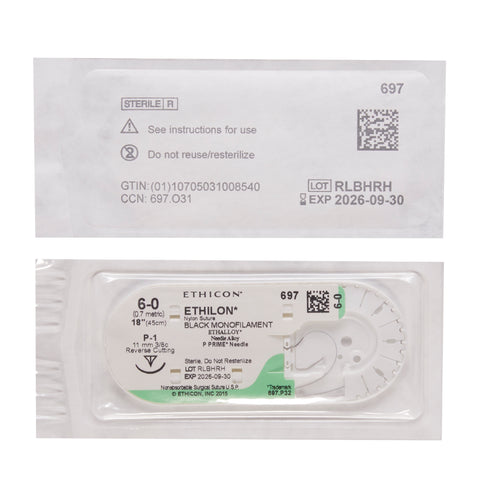 Nonabsorbable Suture with Needle Ethilon™ Nylon P-1 3/8 Circle Precision Reverse Cutting Needle Size 6-0 Monofilament #697G
