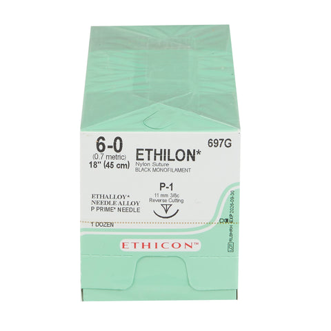 Nonabsorbable Suture with Needle Ethilon™ Nylon P-1 3/8 Circle Precision Reverse Cutting Needle Size 6-0 Monofilament #697G