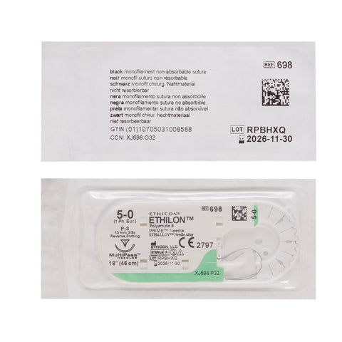Nonabsorbable Suture with Needle Ethilon™ Nylon P-3 3/8 Circle Precision Reverse Cutting Needle Size 5-0 Monofilament #698G