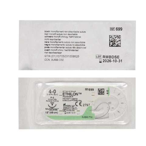 Nonabsorbable Suture with Needle Ethilon™ Nylon P-3 3/8 Circle Precision Reverse Cutting Needle Size 4-0 Monofilament #699G