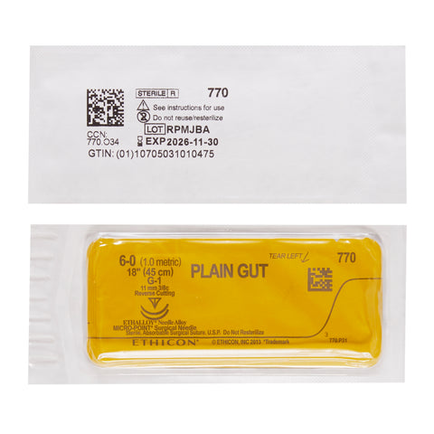Absorbable Suture with Needle GUT PLAIN Plain Gut G-1 3/8 Circle Precision Reverse Cutting Needle Size 6-0 Monofilament #770G