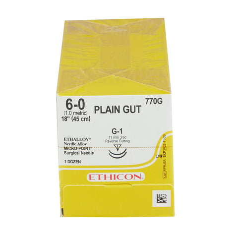 Absorbable Suture with Needle GUT PLAIN Plain Gut G-1 3/8 Circle Precision Reverse Cutting Needle Size 6-0 Monofilament #770G