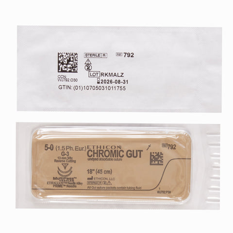 Absorbable Suture with Needle GUT CHROMIC Chromic Gut G-3 3/8 Circle Reverse Cutting Needle Size 5-0 Monofilament #792G