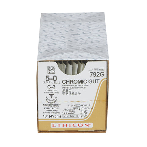 Absorbable Suture with Needle GUT CHROMIC Chromic Gut G-3 3/8 Circle Reverse Cutting Needle Size 5-0 Monofilament #792G